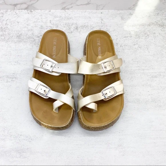 Steve Madden-Metallic Gold Cork Flat Sandals Y13 - Picture 3 of 6